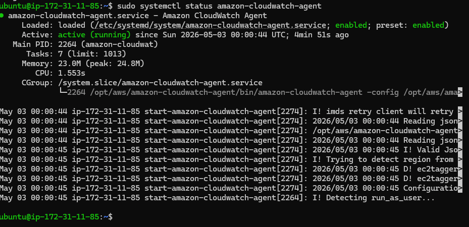 CloudWatch Agent rodando com sucesso na instância EC2