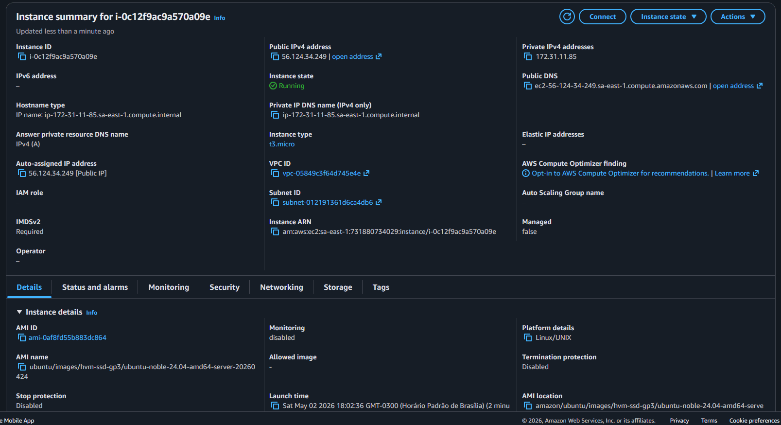 Instância EC2 ec2-cloudwatch-nginx-lab rodando no console AWS